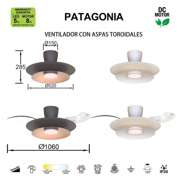Ventilateur de plafond moderne à LED PATAGONIA 2D blanc Ø500 mm 33 W 3000 lm, température de couleur variable, moteur CC silenci