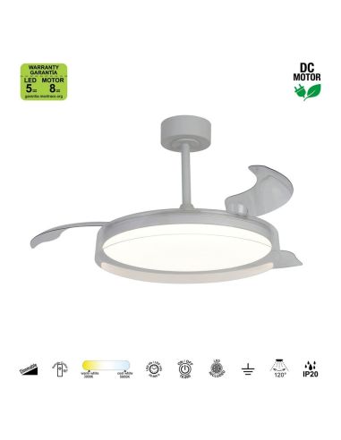 Ventilador de techo tipo plafón LED GLASS FAN M blanco transparente Ø1320mm 35W 3000lm CCT regulable DC silencioso