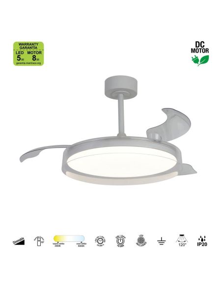 Ventilador de techo tipo plafón LED GLASS FAN M blanco transparente Ø1320mm 35W 3000lm CCT regulable DC silencioso