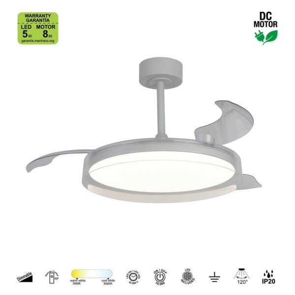 Ventoinha de teto LED, modelo GLASS FAN M, branco transparente, Ø1320mm, 35W, 3000lm, CCT, dimerizável, DC, silencioso