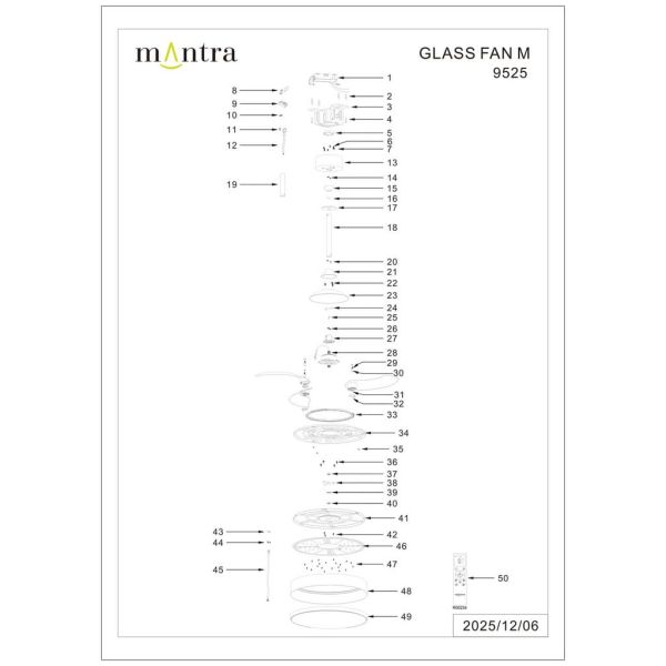 Ventoinha de teto LED, modelo GLASS FAN M, branco transparente, Ø1320mm, 35W, 3000lm, CCT, dimerizável, DC, silencioso