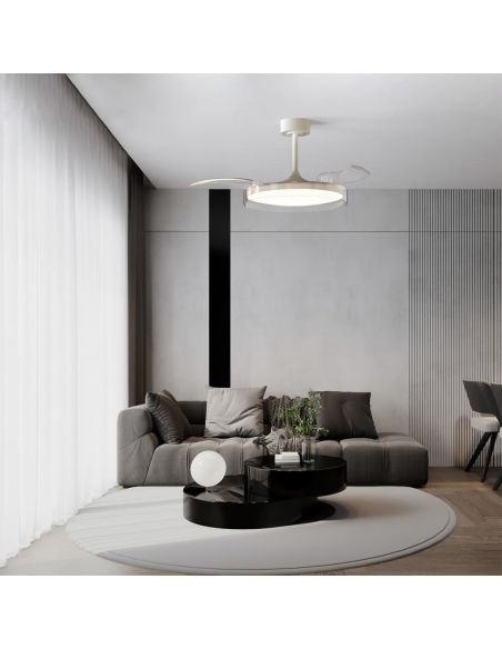 Ventoinha de teto LED, modelo GLASS FAN M, branco transparente, Ø1320mm, 35W, 3000lm, CCT, dimerizável, DC, silencioso