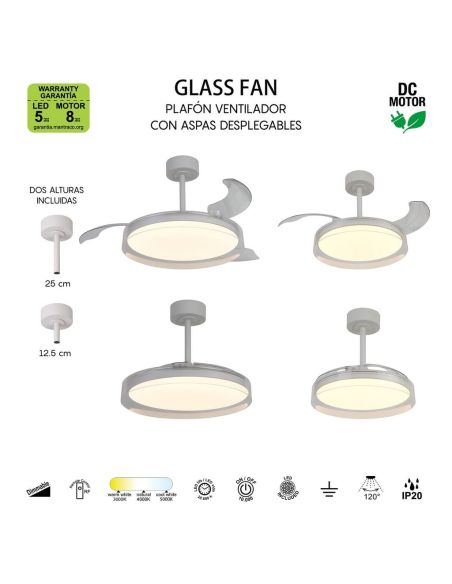 Ventilador de techo tipo plafón LED GLASS FAN M blanco transparente Ø1320mm 35W 3000lm CCT regulable DC silencioso