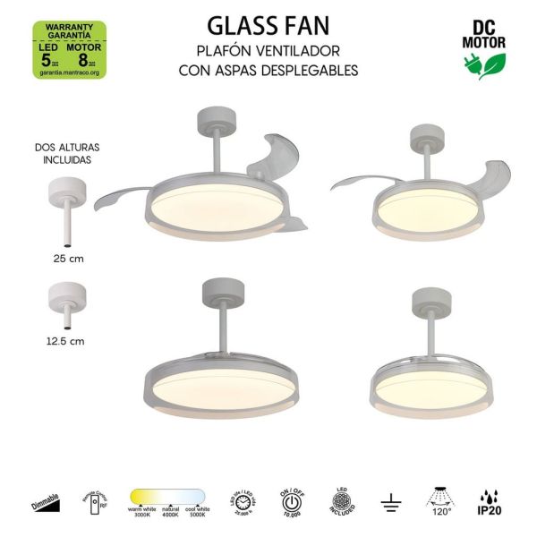 Ventilador de techo tipo plafón LED GLASS FAN M blanco transparente Ø1320mm 35W 3000lm CCT regulable DC silencioso