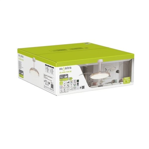 Ventilador de techo tipo plafón LED GLASS FAN M blanco transparente Ø1320mm 35W 3000lm CCT regulable DC silencioso