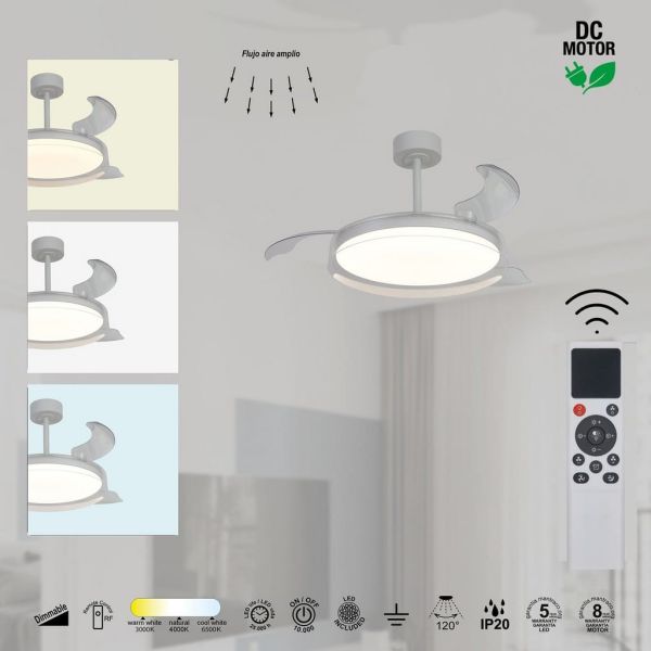 Ventilador de techo tipo plafón LED GLASS FAN S blanco transparente Ø1060mm 35W 3000lm CCT regulable DC silencioso
