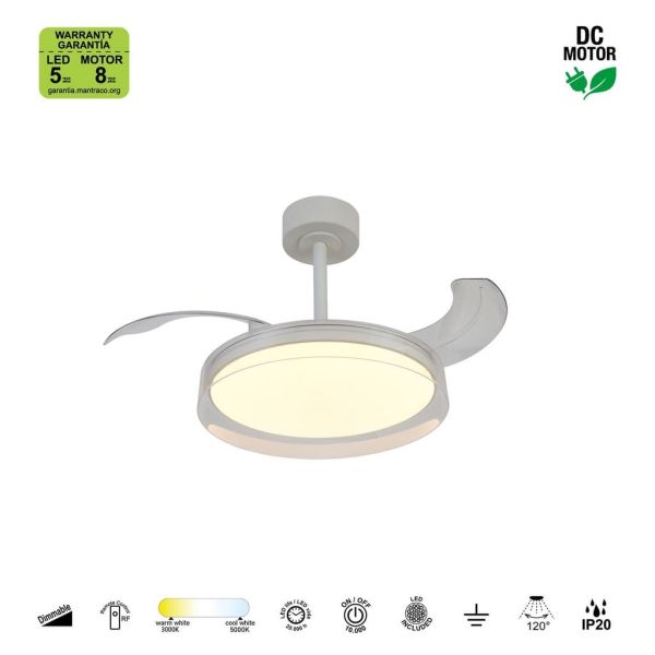 Ventilador de techo tipo plafón LED GLASS FAN S blanco transparente Ø1060mm 35W 3000lm CCT regulable DC silencioso