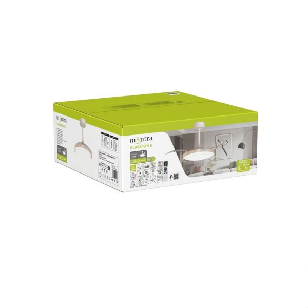 Ventilador de techo tipo plafón LED GLASS FAN S blanco transparente Ø1060mm 35W 3000lm CCT regulable DC silencioso