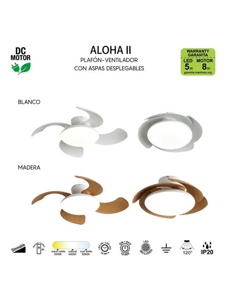 Ventoinha de teto com LED ALOHA II branca Ø830 mm, 40 W, 4200 lm, CCT 3000-5000 K, motor silencioso de 25 W CC