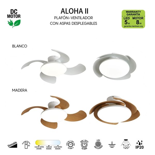 Ventoinha de teto com LED ALOHA II branca Ø830 mm, 40 W, 4200 lm, CCT 3000-5000 K, motor silencioso de 25 W CC