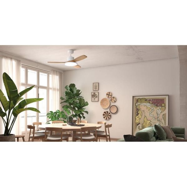Ventilador de techo LED 36W RIGA II WOOD madera blanco natural Ø120cm DC 32W 3 aspas CCT regulable IP20