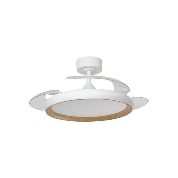 Ventilateur de plafond SITGES 32W LED à pales rétractables, blanc/bois, Ø107cm, 35W CC avec télécommande