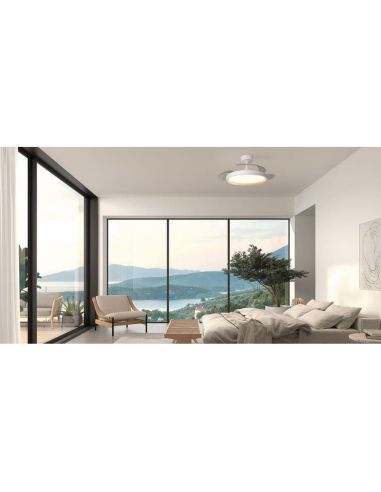 Ventilador de techo LED 32W con aspas retráctiles SITGES blanco/madera Ø107cm DC 35W CCT con mando