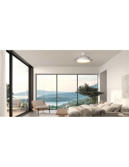 Ventilador de techo LED 32W con aspas retráctiles SITGES blanco/madera Ø107cm DC 35W CCT con mando