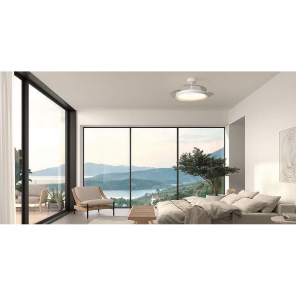 Ventilador de techo LED 32W con aspas retráctiles SITGES blanco/madera Ø107cm DC 35W CCT con mando