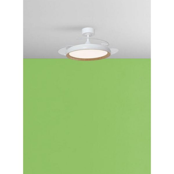 Ventilador de techo LED 32W con aspas retráctiles SITGES blanco/madera Ø107cm DC 35W CCT con mando