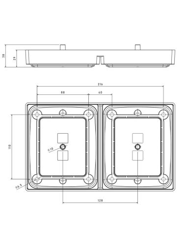 Dimensions du cadre double LED Fristom FT-323 / FT-324 – Support double rectangulaire