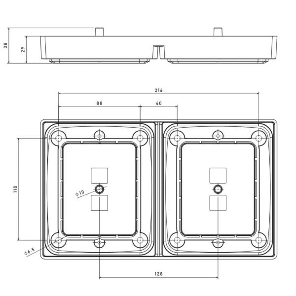 Dimensões do suporte duplo retangular para LED Fristom FT-323 / FT-324 – Suporte duplo retangular