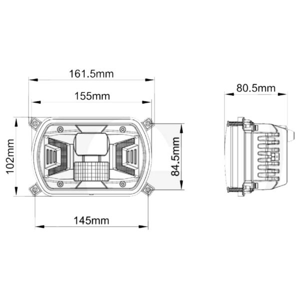 Medidas Faro LED principal Tractor H4 Cuadrado 12V 24V Homologado New Holland TD5000