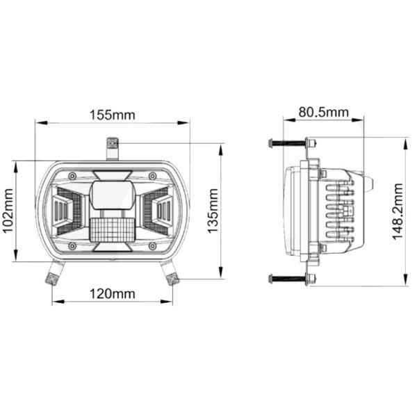 Medidas Faro LED Tractor H4 Cuadrado 12V 24V Homologado Carretera Cruce y Posición New Holland