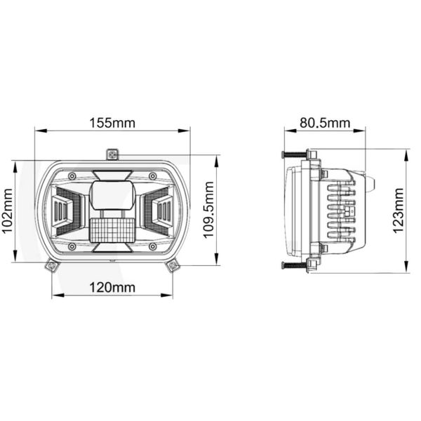 Dimensões do farol de LED para trator H4 12V 24V, homologado para uso em vias públicas, farol baixo e posição – Oval
