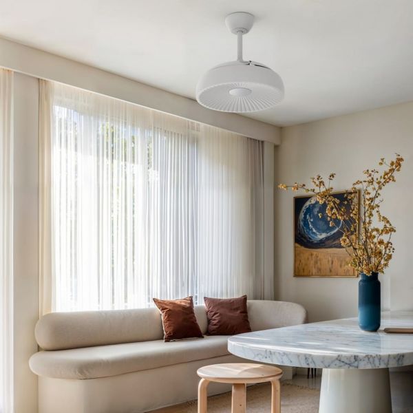 Ventilador de techo LED clásico retráctil VICTORIA S blanco Ø89cm motor DC 30W luz 16W CCT DIM 3000lm IP20