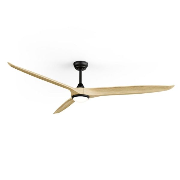 Ventilador de techo LED interior/exterior NOVA XL Ø185cm negro madera clara DC 46W luz 18W CCT DIM IP44
