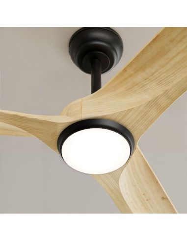 Ventoinha de teto LED NOVA XL para uso interno/externo, Ø185cm, preto, madeira clara, DC 46W, luz 18W, CCT, DIM, IP44