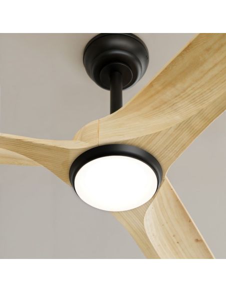 Ventoinha de teto LED NOVA XL para uso interno/externo, Ø185cm, preto, madeira clara, DC 46W, luz 18W, CCT, DIM, IP44