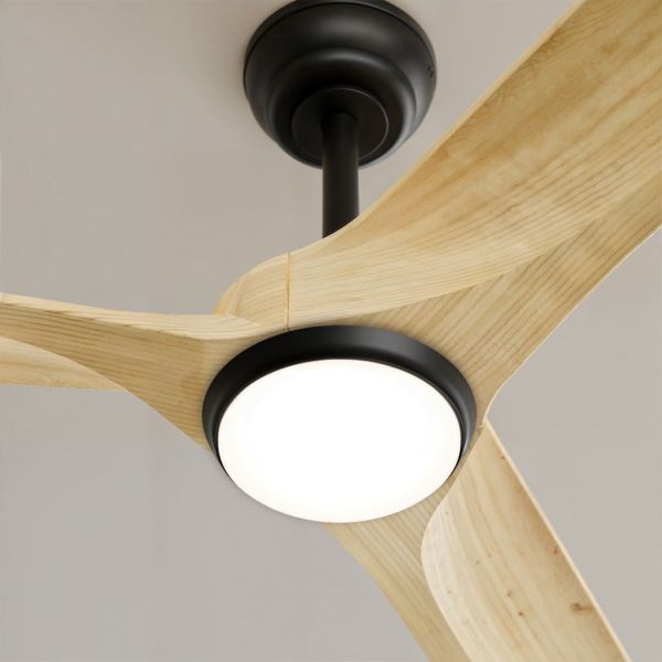 Ventoinha de teto LED NOVA XL para uso interno/externo, Ø185cm, preto, madeira clara, DC 46W, luz 18W, CCT, DIM, IP44