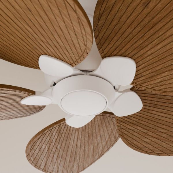 Ventilador de techo interior/exterior sin luz ALMA L Ø132cm 5 palas blanco madera media, DC 40W IP44