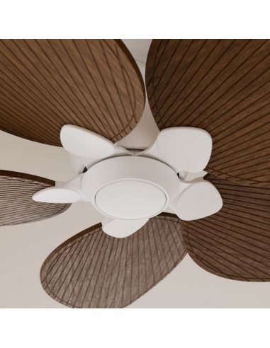 Ventilador de techo interior/exterior sin luz ALMA L Ø132cm 5 palas blanco madera oscura, DC 40W IP44