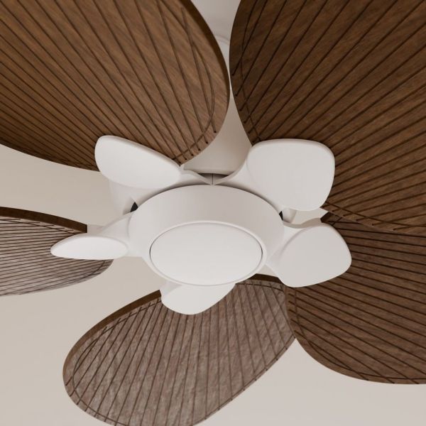 Ventoinha de teto ALMA L para uso interno/externo, sem luz, Ø132cm, 5 pás, branco/madeira escura, DC 40W IP44