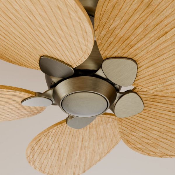 Ventoinha de teto ALMA S sem luz, Ø100cm, latão, madeira clara, 5 pás, DC 26W, IP44, para uso interno/externo