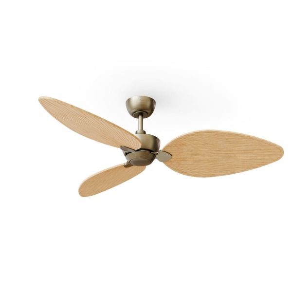 Ventilador de techo sin luz ALMA L Ø132cm latón madera clara 3 palas, interior exterior DC 40W IP44