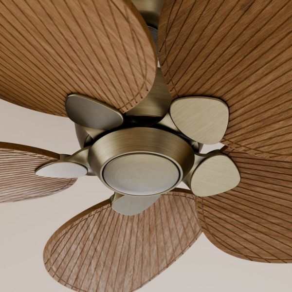 Ventilador de techo ALMA L Ø132cm 5 palas sin luz latón madera media, DC 40W IP44 interior exterior