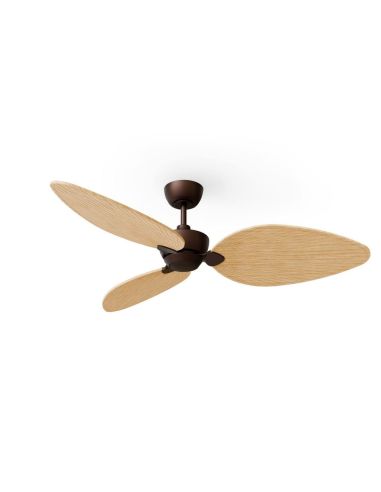 Ventilateur de plafond ALMA L sans éclairage, Ø132 cm, 3 pales, brun rouille, bois clair, intérieur/extérieur, 40 W CC, IP44