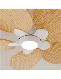 Ventilador de techo LED ALMA S Ø100cm 5 palas blanco madera clara 26W motor DC + luz LED 6,5W 1225Lm CTT DIM IP44 2