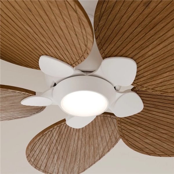 Ventoinha de teto LED ALMA L para ambientes internos e externos, Ø132cm, 5 pás, branco, madeira média, 132cm, 40W DC + 6,5W, luz