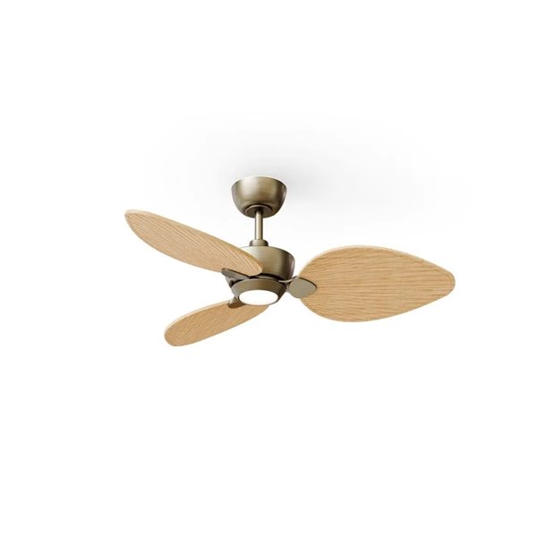 Ventilador con luz LED ALMA S Ø100cm 3 palas latón madera clara 26W DC + luz LED 6,5W 1225Lm CTT interior/exterior IP44