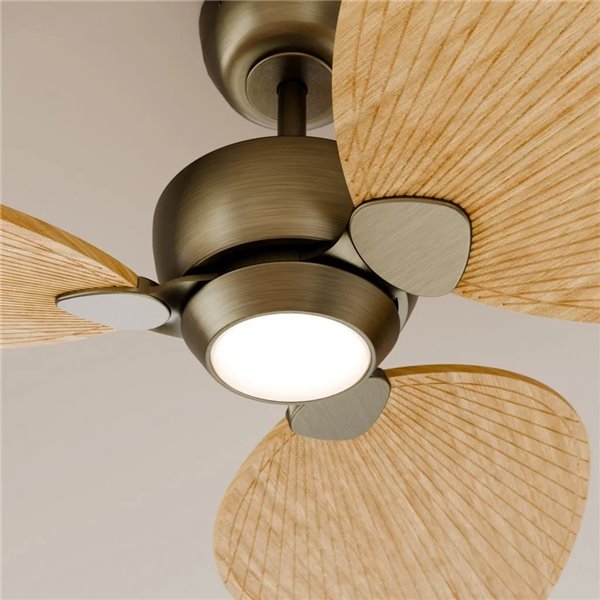 Ventoinha de teto ALMA S LED Ø100cm com 3 pás de latão, acabamento em madeira clara, 26W DC + 6,5W 1225lm CTT LED, para uso inte