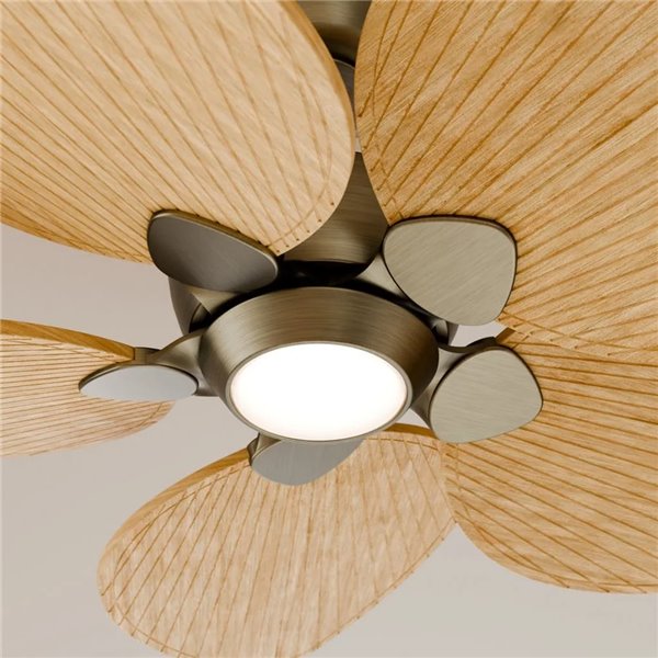 Ventilador con luz LED ALMA S Ø100cm 5 palas latón madera clara 26W DC + luz LED 6,5W 1225Lm CTT interior/exterior IP44