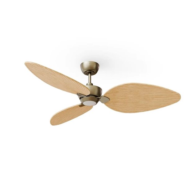 Ventilador LED interior/exterior ALMA L Ø132cm 3 palas latón madera clara 40W DC + luz LED 6,5W 1225Lm CTT IP44