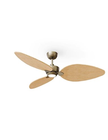 Ventilador LED interior/exterior ALMA L Ø132cm 3 palas latón madera clara 40W DC + luz LED 6,5W 1225Lm CTT IP44