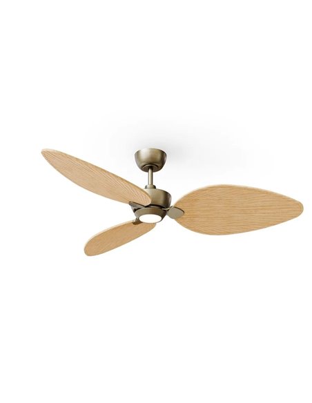 Ventilador LED interior/exterior ALMA L Ø132cm 3 palas latón madera clara 40W DC + luz LED 6,5W 1225Lm CTT IP44
