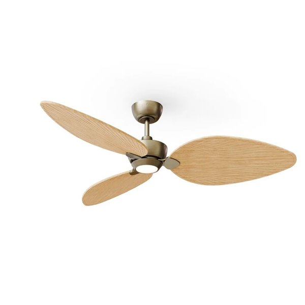 Ventilador LED interior/exterior ALMA L Ø132cm 3 palas latón madera clara 40W DC + luz LED 6,5W 1225Lm CTT IP44