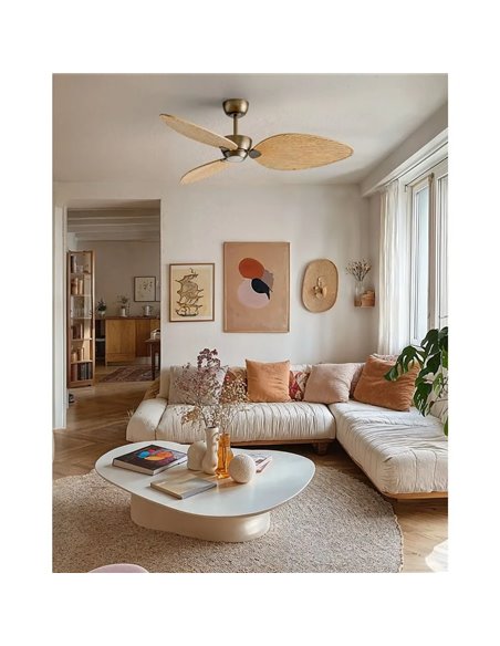 Ventilador LED interior/exterior ALMA L Ø132cm 3 palas latón madera clara 40W DC + luz LED 6,5W 1225Lm CTT IP44