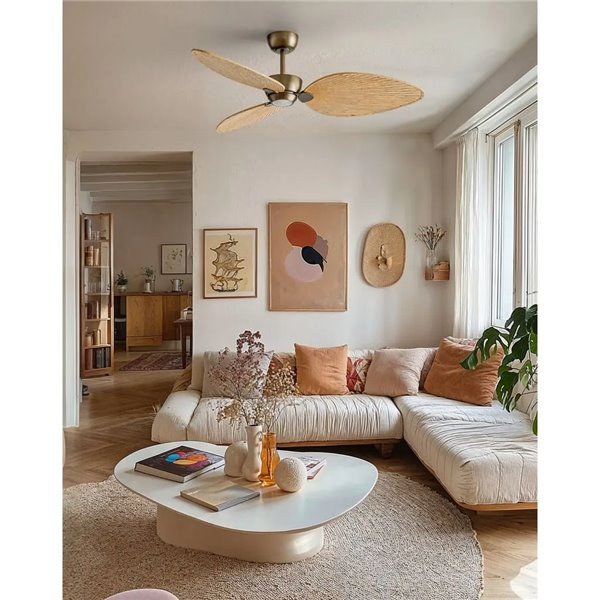 Ventilador LED interior/exterior ALMA L Ø132cm 3 palas latón madera clara 40W DC + luz LED 6,5W 1225Lm CTT IP44