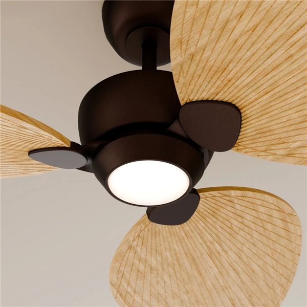 Ventoinha de LED ALMA S para ambientes internos e externos, Ø100cm, 3 pás, marrom ferrugem, madeira clara, 26W DC + 6,5W LED, 12