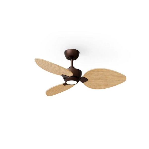 Ventilador LED interior/exterior ALMA S Ø100cm 3 palas marrón oxidado madera clara 26W DC + luz LED 6,5W 1225Lm CTT IP44